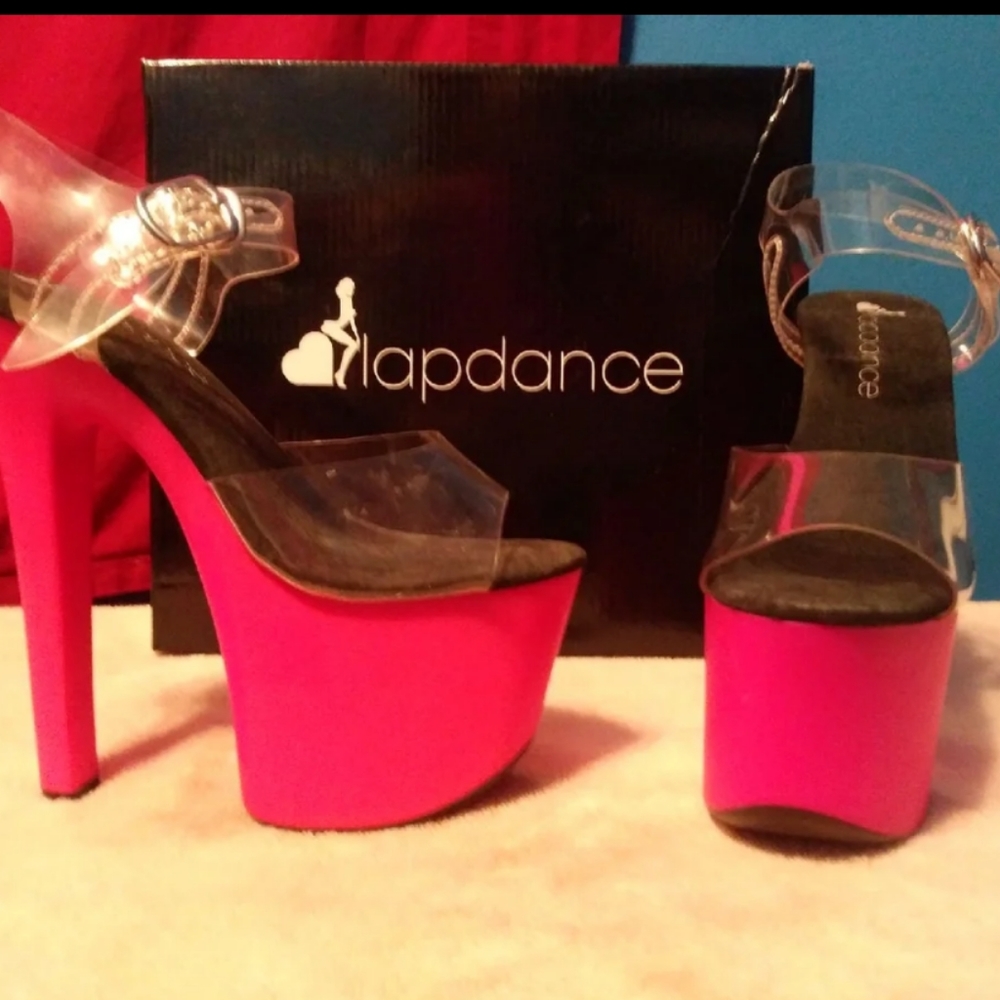 Pink UV platform with clear straps for pole dancer